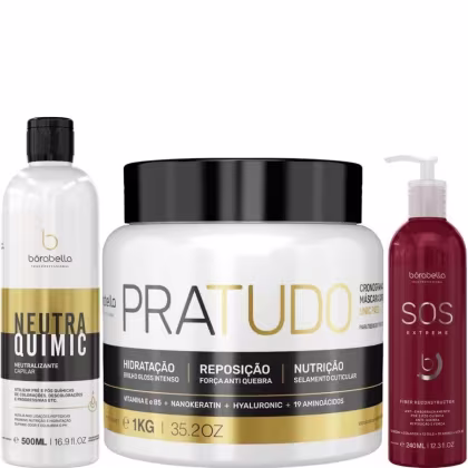 Kit com neutralizante NeutraQuimic, máscara Pra Tudo e máscara SOS Extreme, da marca Borabella