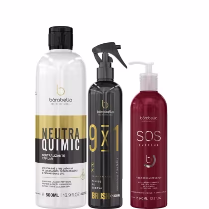 Kit com neutralizante NeutraQuimic, leave-in 9x1 Brush e máscara SOS Extreme, da marca Borabella