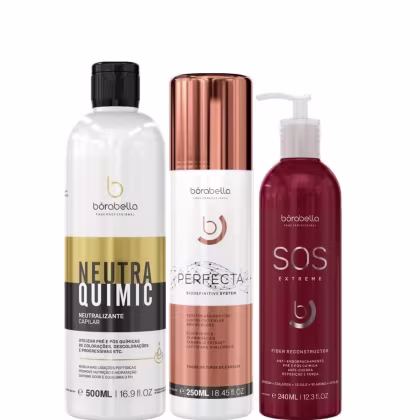 Kit com neutralizante NeutraQuimic, escova progressiva Perfecta e máscara SOS Extreme, da marca Borabella