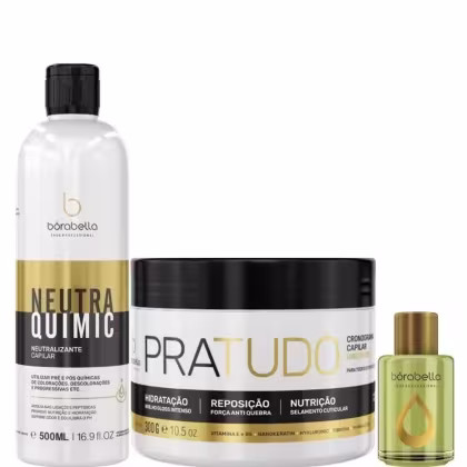Kit com neutralizante NeutraQuimic, máscara Pra Tudo e reparador de Pontas Argan, da marca Borabella