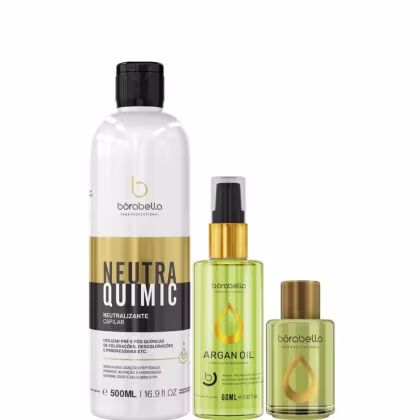 Kit com neutralizante NeutraQuimic e reparadores de pontas Argan, da marca Borabella