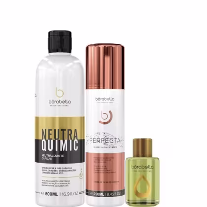 Kit com neutralizante NeutraQuimic, escova progressiva Perfecta, e reparador de pontas, da marca Borabella.