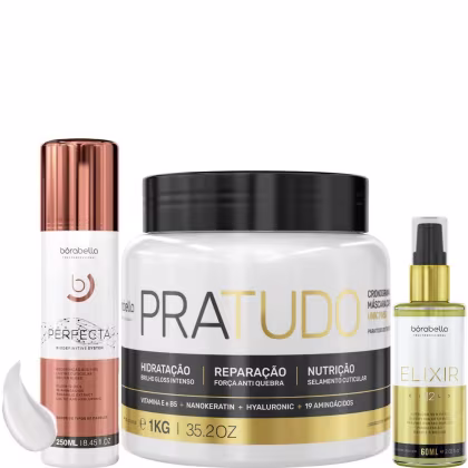 Kit com escova progressiva Perfecta, máscara Pra Tudo, e óleo capilar Elixir, da marca Borabella.