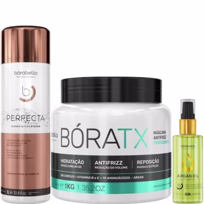 Kit com escova progressiva Perfecta, máscara de realinhamento BoraTX, além de reparador de pontas, da marca Borabella.