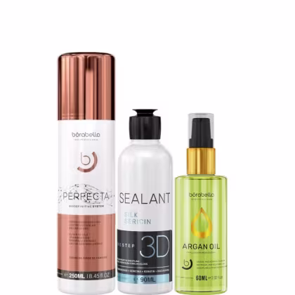 Kit com escova progressiva Perfecta, escova semidefinitiva Selagem 3D, além de reparador de pontas, da marca Borabella.