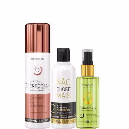 Kit com escova progressiva Perfecta, redutor de volume Não Chore Mais, além de reparador de pontas, da marca Borabella.