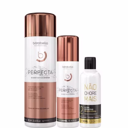 Kit com escova progressiva Perfecta de diferentes tamanhos, além de redutor de volume Não Chore Mais, da marca Borabella.