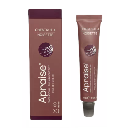 Produto de coloração para cílios e sobrancelhas. Um tubo de plástico marrom contendo 20ml, ao lado de uma caixa retangular marrom escuro com o mesmo nome e cor do produto.