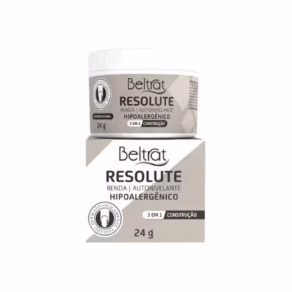 O produto Beltrat Resolute é uma renda autonivelante hipoalergênica em embalagem de 24g, com construção 3 em 1 e design minimalista em tons neutros.