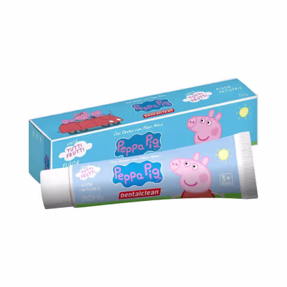 Gel dental infantil com sabor de tutti frutti da marca Peppa Pig. Embalagem retangular azul com ilustrações da personagem Peppa Pig e elementos como sol. Tubo de plástico branco contendo o gel dental de 50g com o rótulo "Peppa Pig Dentalclean".