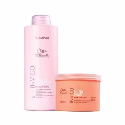 A imagem mostra dois produtos de cuidados capilares da marca Wella Professionals. Um é um shampoo embalagem plástica rosa com o rótulo e o logotipo da Wella. O outro é uma máscara capilar em uma embalagem plástica salmão com o rótulo e o logotipo.
