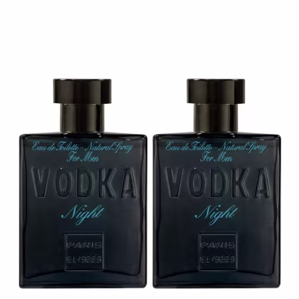 Dois frascos de perfume para homens da marca Paris Elysees. Os frascos são retangulares e de vidro escuro com tampas pretas. A embalagem apresenta o nome "VODKA Night" em letras grandes e estilizadas, com a descrição "Eau de Toilette".