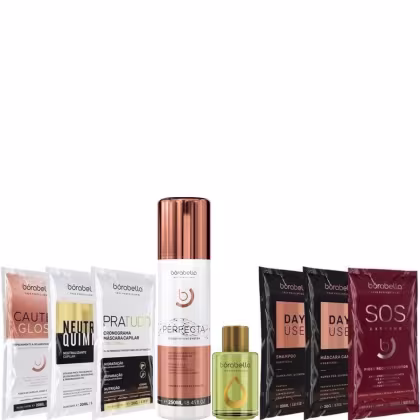 Kit com escova progressiva Perfecta, reparador de pontas Argan e sachês, da marca Borabella.