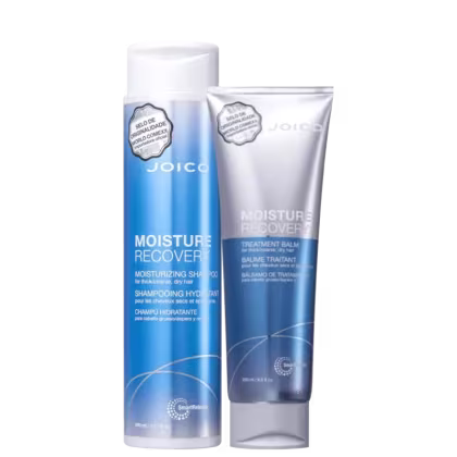 A imagem mostra um shampoo em  um frasco cilíndrico azul com rótulo branco e detalhes prateados. Ao lado está uma máscara capilar em embalagem tubular azul e prata, trazendo no rótulo informações na cor branca.