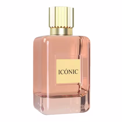 Frasco de perfume rosa com tampa dourada e rótulo com a palavra "ICONIC" em destaque. O design é elegante e sofisticado, com uma aparência premium.