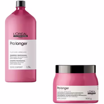 A imagem mostra 2 produtos da linha Pro Longer da L'Oréal Professionnel. Um shampoo em uma embalagem plástica rosa de 1,5Ll. Outro é uma máscara capilar em um pote rosa de 500g.