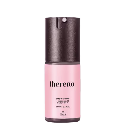 A imagem mostra o body spray desodorante Therena: embalagem cilíndrica com rótulo em rosa claro, exibindo o nome do produto "therena" em letras minúsculas pretas.