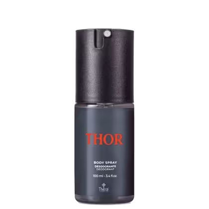 Desodorante corporal spray da marca Thor. Embalagem cilíndrica metálica preta fosca. Nome "THOR" em letras laranjas. Informações adicionais "Body Spray Desodorante" e "100 ml . Logotipo da marca Thera Cosméticos também visível.