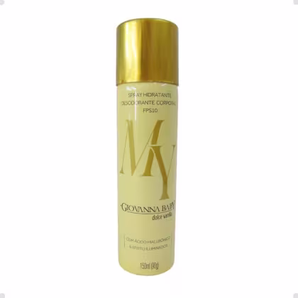 Frasco dourado de desodorante corporal hidratante da marca Giovanna Baby, com FPS 10 e aroma de baunilha, contendo 150ml do produto.