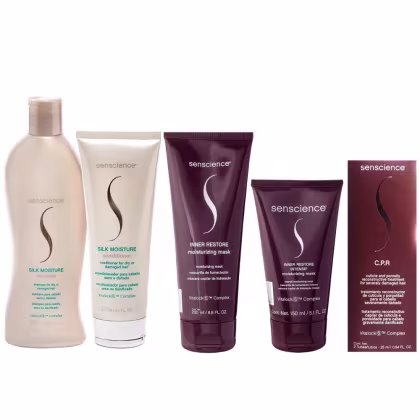 Kit Senscience com Silk Moisture shampoo 280ml e condicionador 240ml + Máscaras Inner intensif 150ml + Inner Moisturizing 200ml + Tratamento CPR (2x25ml)