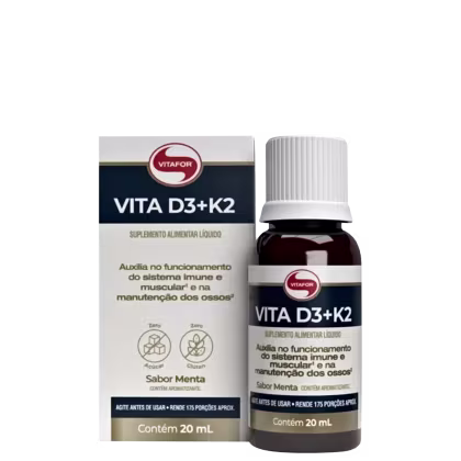 Suplemento alimentar líquido Vita D3+K2 da Vitafor, em frasco de 20 ml com rótulo em cores azul, branco e vermelho, indicado para o sistema imune e muscular, e manutenção dos ossos.