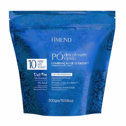 A imagem mostra um pacote do pó descolorante combinação de 12 óleos de Amend. O pacote possui um design elegante com estampas azuis escuras em estilo floral e vem em uma embalagem de 300g.