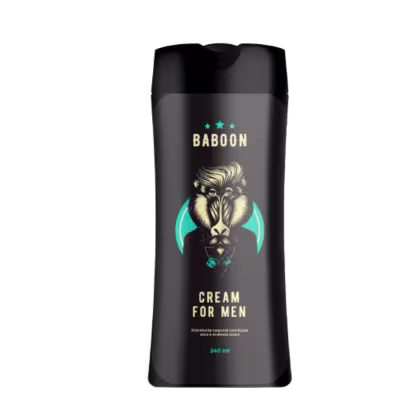 Cream for Men da marca Baboon. Embalagem preta em forma de tubo com capacidade de 240 ml. Apresenta uma ilustração de um babuíno com detalhes em amarelo e turquesa.