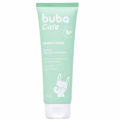 Creme hidratante Buba Care em embalagem tubular de plástico na cor verde menta de 100ml. A embalagem apresenta o logotipo "Buba Care" e o texto "HIDRATANTE" em letras brancas maiúsculas. Na parte inferior, há uma ilustração estilizada de um coelho branco.