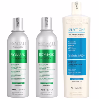 Prohall Progressiva Select One 1L Sem Formol Passo Único Antifrizz e Condicionador e Shampoo Biomask