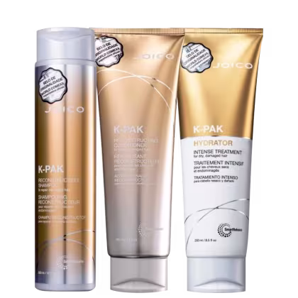 A imagem mostra três produtos da marca Joico: shampoo, condicionador e máscara K-PAK, com embalagens com tons de dourado, branco e prata.