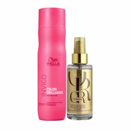 A imagem mostra um shampoo protetor em uma embalagem rosa vibrante e ao lado está um óleo capilar em um frasco transparente com tampa e rótulo dourado.