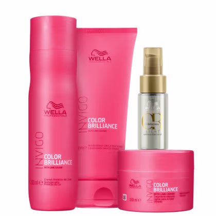 A imagem mostra o shampoo em um frasco cilíndrico rosa, um condicionador em um tubo rosa achatado, uma máscara de tratamento em um pote rosa e um óleo capilar em um frasco transparente com tampa dourada.
