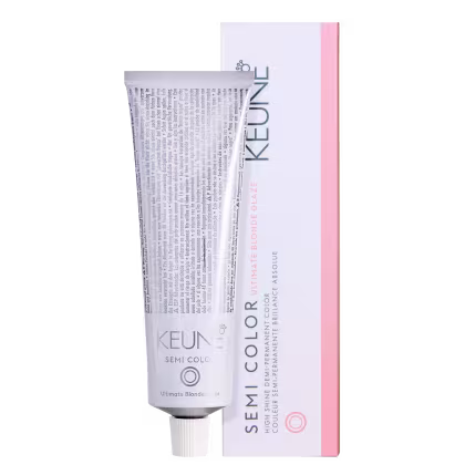 Tubo de creme colorante de cabelo da marca Keune, com embalagem branca e rosa, contendo o texto "Semi Color" e "Ultimate Blonde Glaze". O produto é apresentado em uma caixa de papelão branca com detalhes em rosa.