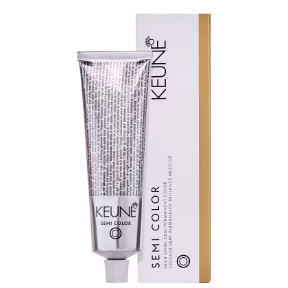 Tubo de tinta de cabelo da marca Keune, com embalagem branca, prata e preta, contendo o texto "Semi Color" e "Keune" em destaque. 