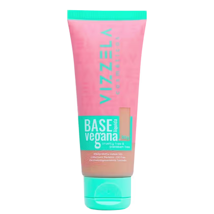 Tubo de base vegana da marca Vizzela, com embalagem rosa e verde, contendo informações sobre ser livre de crueldade e parabenos. O produto é apresentado em um recipiente de plástico com tampa.