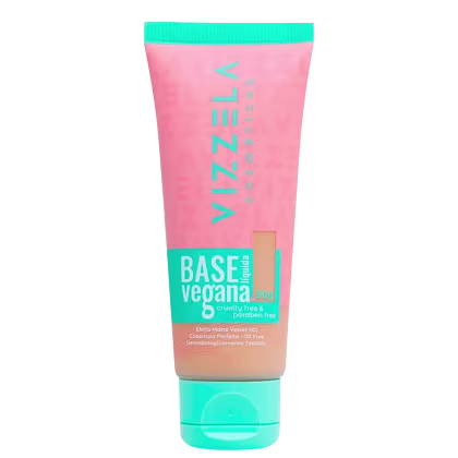Tubo de base vegana da marca Vizzela, com embalagem rosa e verde, contendo informações sobre ser livre de crueldade e parabenos. O produto é apresentado em um tubo plástico com tampa.
