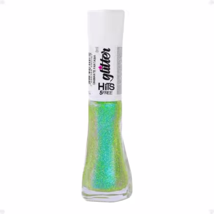 Frasco de esmalte de unhas com glitter multicolorido brilhante em tons de verde, azul e amarelo. Embalagem transparente de plástico cilíndrica. Rótulo branco com o logotipo "Hits" e texto "6Free" em preto.