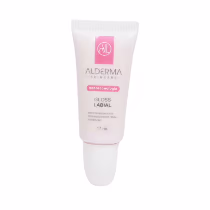 Tubo branco de 17 ml contendo gloss labial da linha Nanotecnologia da marca de cuidados com a pele Alderma Skincare, com logotipo rosa em destaque.