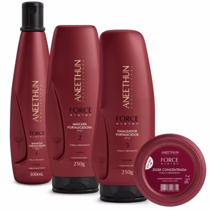 4 produtos da linha, shampoo, máscara, finalizador e dose concentrada de tratamento. Todos na cor jambo (marrom avermelhado, quase cacau) e tampa preta.