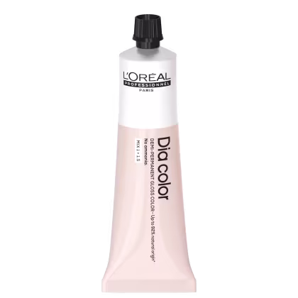 Produto de coloração capilar da linha L'Oréal Professionnel Dia Color. Embalagem em tubo plástico branco com detalhes em preto. Rótulo frontal exibe o logotipo L'Oréal Professionnel e o nome do produto "Dia Color" em letras pretas.