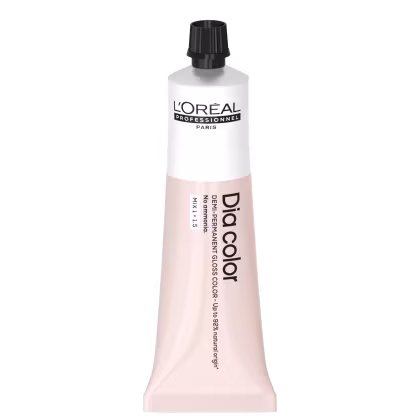 Produto de coloração capilar da linha L'Oréal Professionnel Dia Color. Embalagem em tubo plástico branco com detalhes em preto. Rótulo frontal exibe o logotipo L'Oréal Professionnel e o nome do produto "Dia Color" em letras pretas.