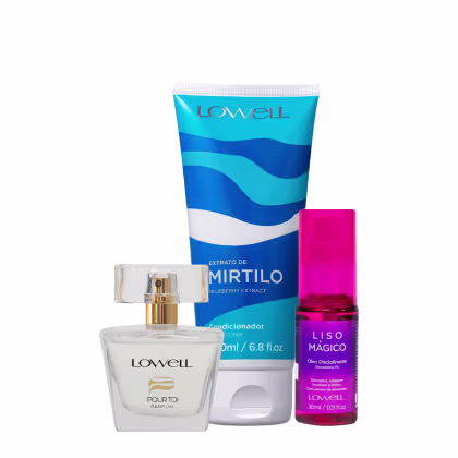 Imagem do produto Kit Lowell Extrato de Mirtilo Condicionador Liso Mágico Óleo Capilar e Pour Toi Parfum Cabelo e Corpo (3 produtos)