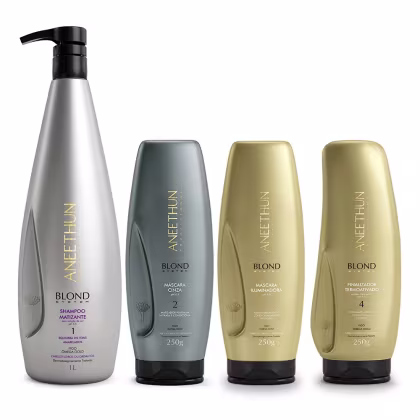A imagem mostra um kit de cabelos com 4 produtos da linha Blond System de Aneethun. Sendo um shampoo, duas máscaras capilares, uma na cor cinza e outra na cor dourada e um finalizador em um frasco dourado.