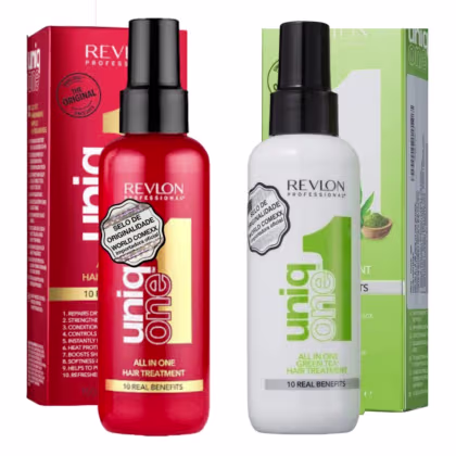 Dois leave-ins Revlon Professional. À esquerda o "Uniq One All in One Hair Treatment", um tratamento capilar multibeneficios. À direita, um frasco branco com tampa preta contém o "Uniq One All in One Green Tea Hair Treatment" da mesma linha.