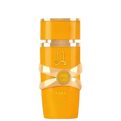 Frasco de perfume Yara da marca Lattafa, com embalagem de cor laranja vibrante e detalhes dourados, incluindo o logotipo da marca e uma etiqueta com o nome do produto.