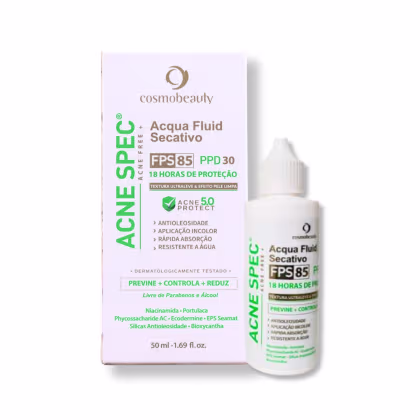Fluido de proteção solar da marca Cosmobeauty, com fator de proteção solar 85 (FPS 85) e proteção UVA (PPD 30). A embalagem é um frasco plástico branco com rótulo verde e dourado, contendo 50 ml do produto.
