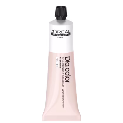 Produto de coloração capilar da linha L'Oréal Professionnel Dia Color. Embalagem em tubo plástico branco com detalhes em preto. Rótulo frontal exibe o logotipo L'Oréal Professionnel e o nome do produto "Dia Color" em letras pretas.