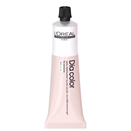 Produto de coloração capilar da linha L'Oréal Professionnel Dia Color. Embalagem em tubo plástico branco com detalhes em preto. Rótulo frontal exibe o logotipo L'Oréal Professionnel e o nome do produto "Dia Color" em letras pretas.