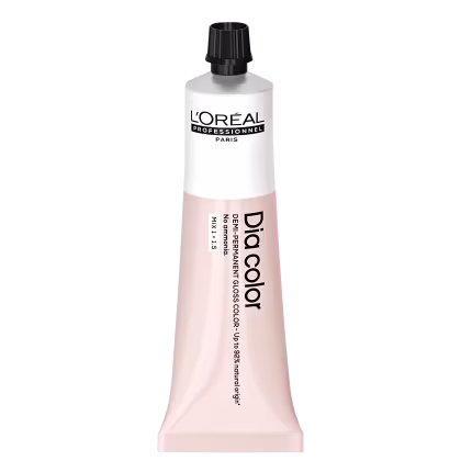 Produto de coloração capilar da linha L'Oréal Professionnel Dia Color. Embalagem em tubo plástico branco com detalhes em preto. Rótulo frontal exibe o logotipo L'Oréal Professionnel e o nome do produto "Dia Color" em letras pretas.