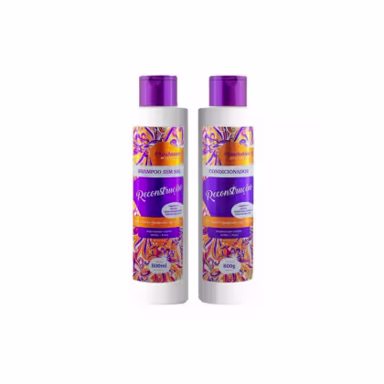 A imagem apresenta um shampoo sem sal e um condicionador. Os frascos têm 800ml cada e são brancos com detalhes em roxo intenso na tampa e no rótulo. O rótulo apresenta um padrão floral colorido com tons de laranja, roxo e azul.